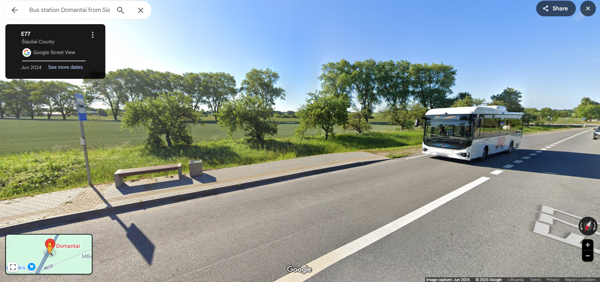 screenshot of street view google bus stop to hill of crosses