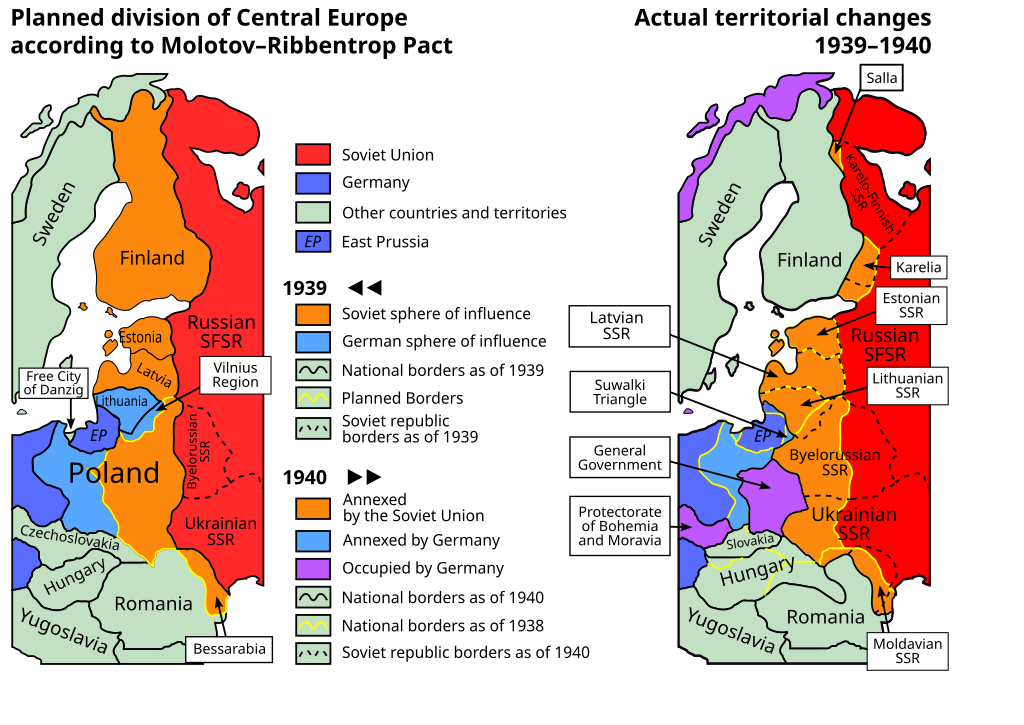 Molotov–Ribbentrop pact – political map of central europe in 1939–1940 (a map in English).