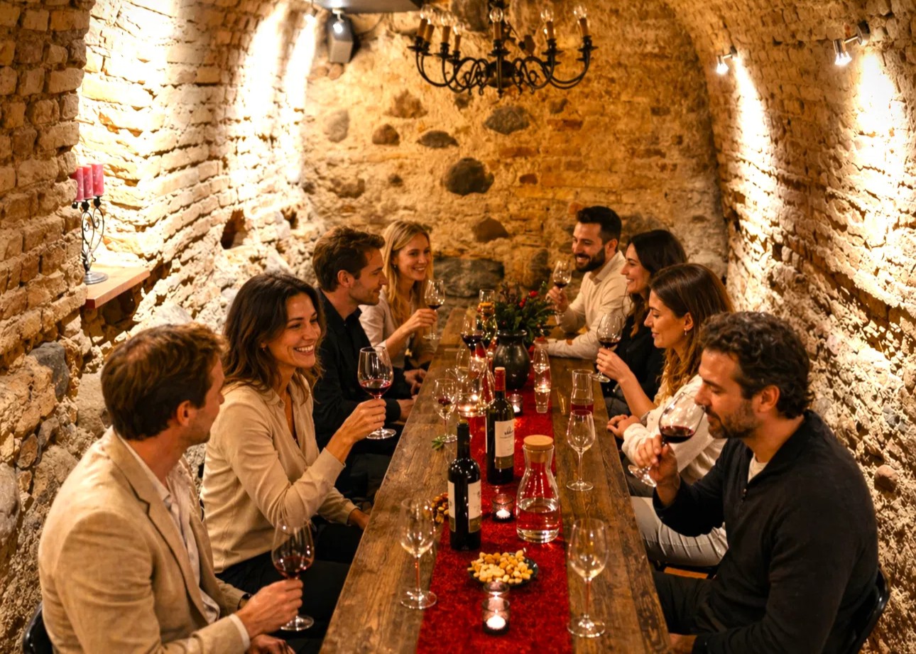 people tasting local drinks in vilnius medieval celar